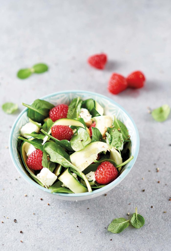 Courgette, baby spinach, raspberry and feta salad