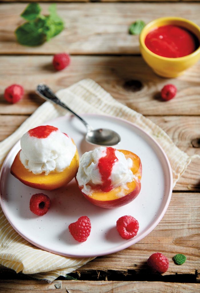 Peaches with coconut sorbet