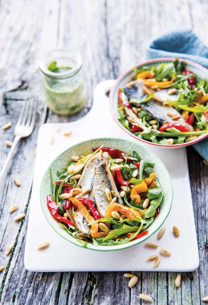 Mackerel with rocket, grilled peppers, toasted pine nuts and light pesto